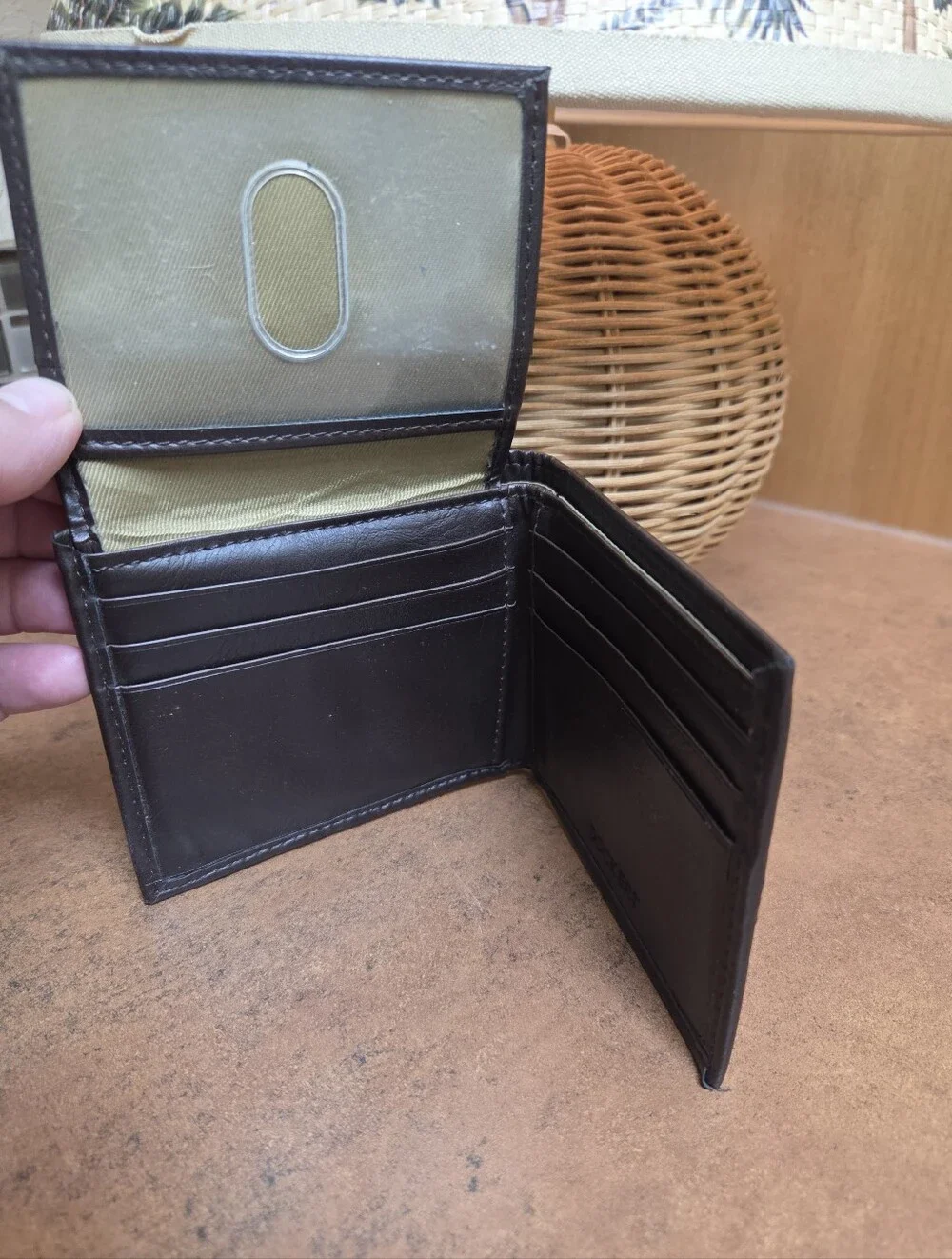 Dockers Dark Brown Leather RFID Bi-Fold Wallet with Contrast Stitching